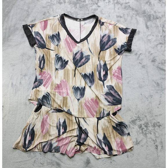 Egs by Eloges Shorts Set Womens 1XL Charcoal Pink Tulip Floral 2 PC V-Neck Top - Picture 1 of 16